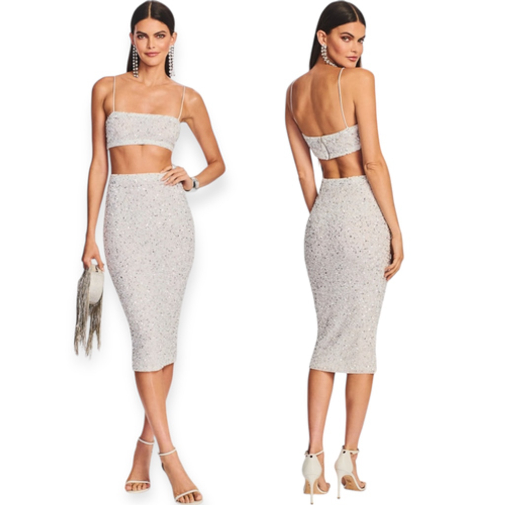 Retrofete Lowe Sequin Skirt White Silver Below Knee Pencil Size Large NWOT $498